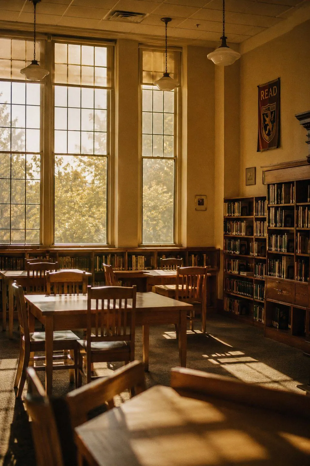 A school library in late afternoon sunlight